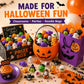 Halloween mochi squishy toy set with pumpkin bucket, prize box, and small figures