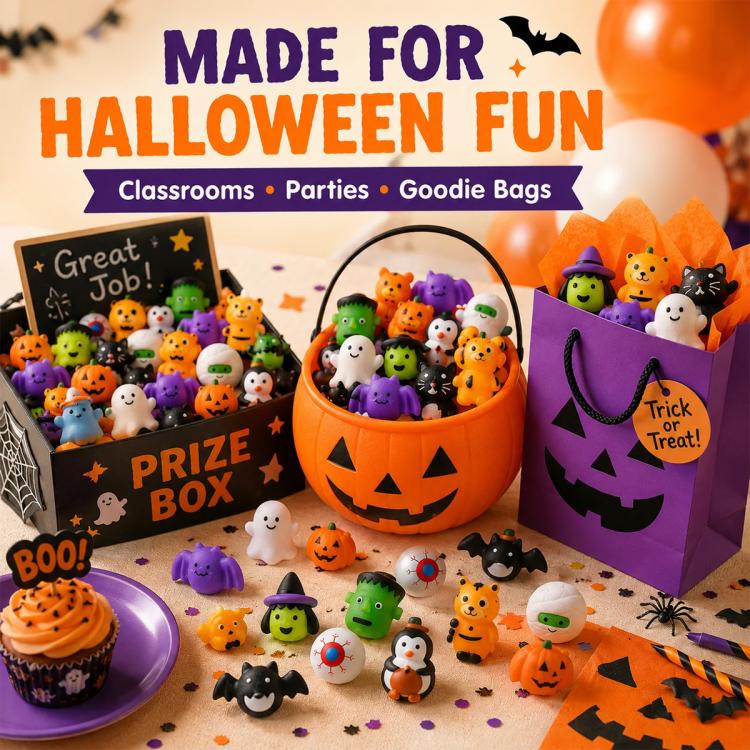 Halloween mochi squishy toy set with pumpkin bucket, prize box, and small figures