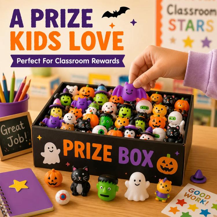Prize box filled with Halloween mochi squishy figures, including pumpkin and cat shapes