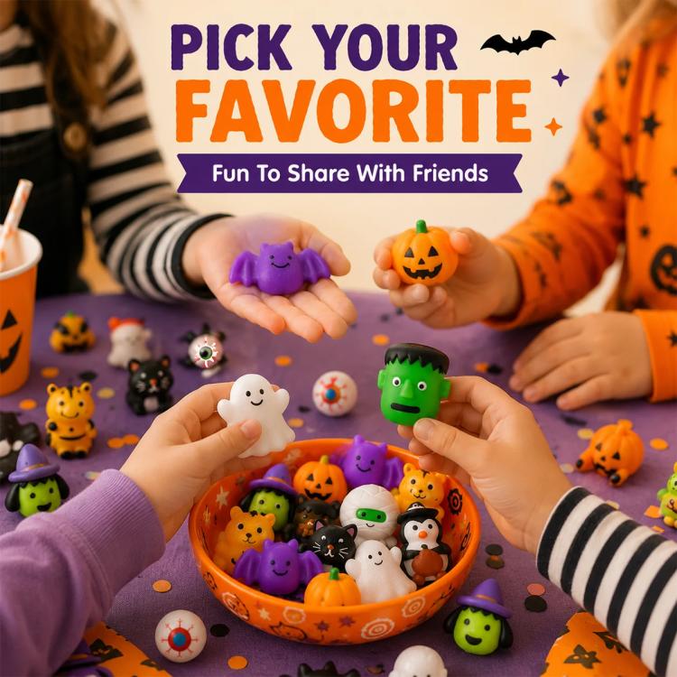 Halloween mochi squishy figures in orange jack-o'-lantern pumpkin bucket, assorted faces