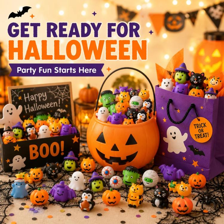 Halloween mochi squishy figures in pumpkin bucket with party bag, assorted characters