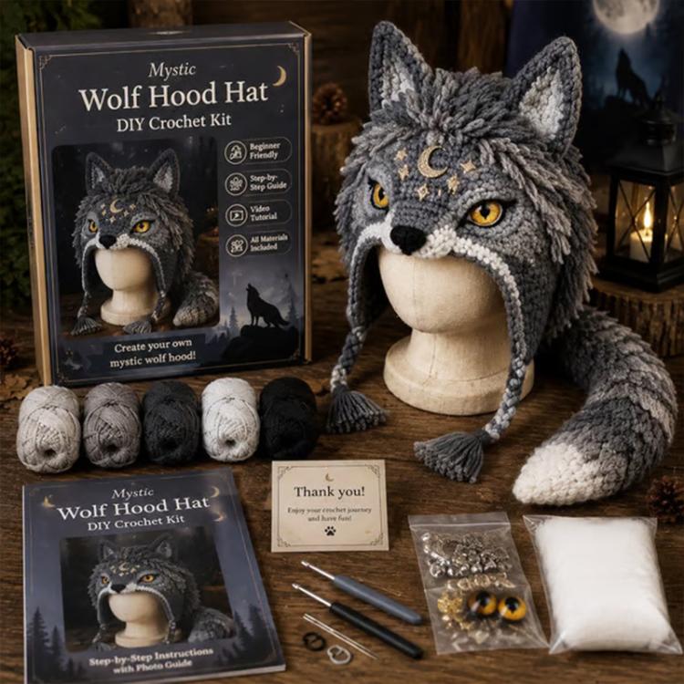 Wolf-themed DIY crochet hood hat kit, grey wolf hood with pointed ears and yarn balls