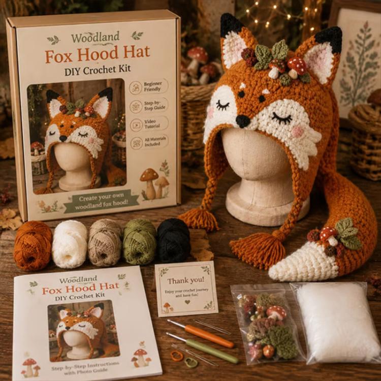 Woodland fox DIY crochet hood hat kit, orange fox hood with white muzzle and yarn