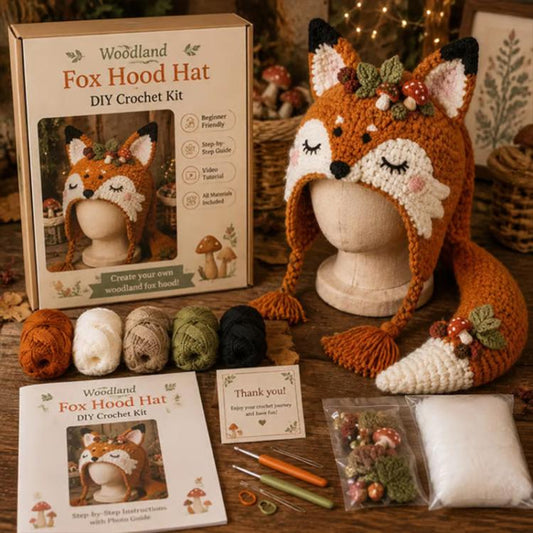Woodland fox DIY crochet hood hat kit, orange fox hood with white muzzle and yarn