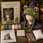 Frog wizard DIY crochet hood hat kit, green frog hood with purple wizard hat and yarn