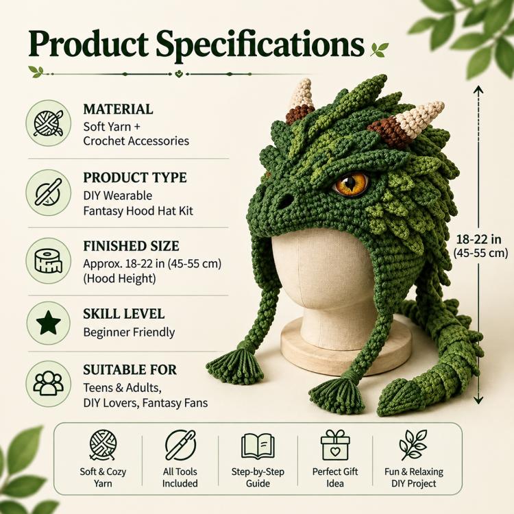 DIY crochet fantasy hood hat kit product specs with green dragon hood on mannequin