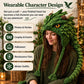 Green crochet character hood hat with orange eye detail and tassel ties