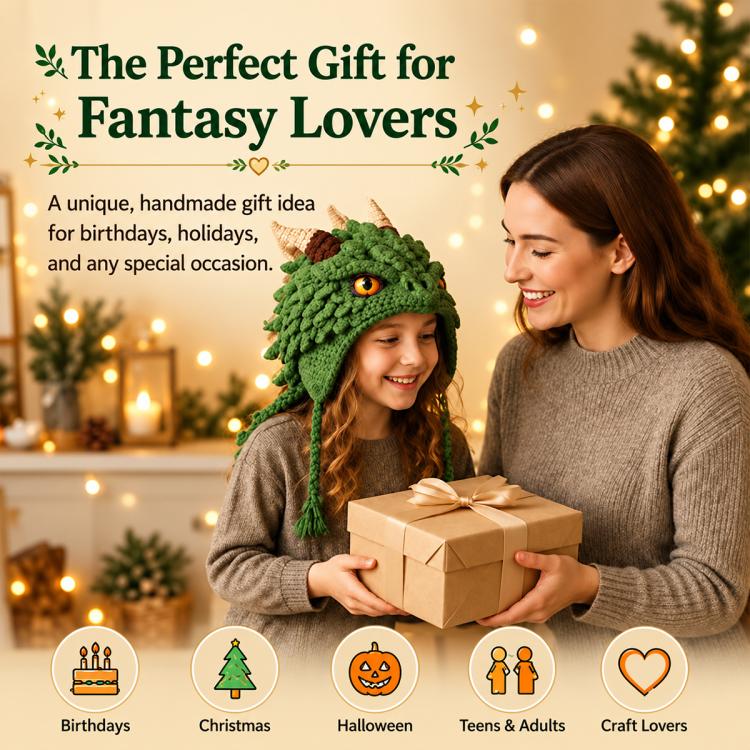 Green crochet hood hat with textured dragon-style face and tassel braids