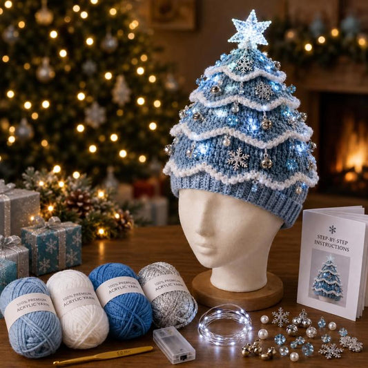 Lighted Christmas tree crochet hat with blue knit and glowing star topper