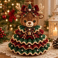 Crochet animal Christmas tree ornament with plaid bow, bell charm, and knit ruffle layers