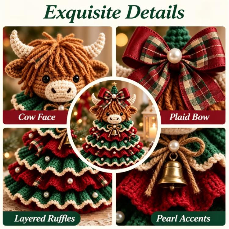 Crochet ornament detail close-up: plaid bow, bell charm, and pearl accents
