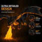 Black dragon night light close-up with yellow flame, detailed scales and wings.