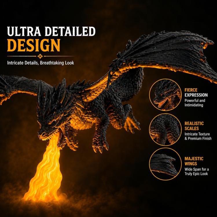 Black dragon night light close-up with yellow flame, detailed scales and wings.