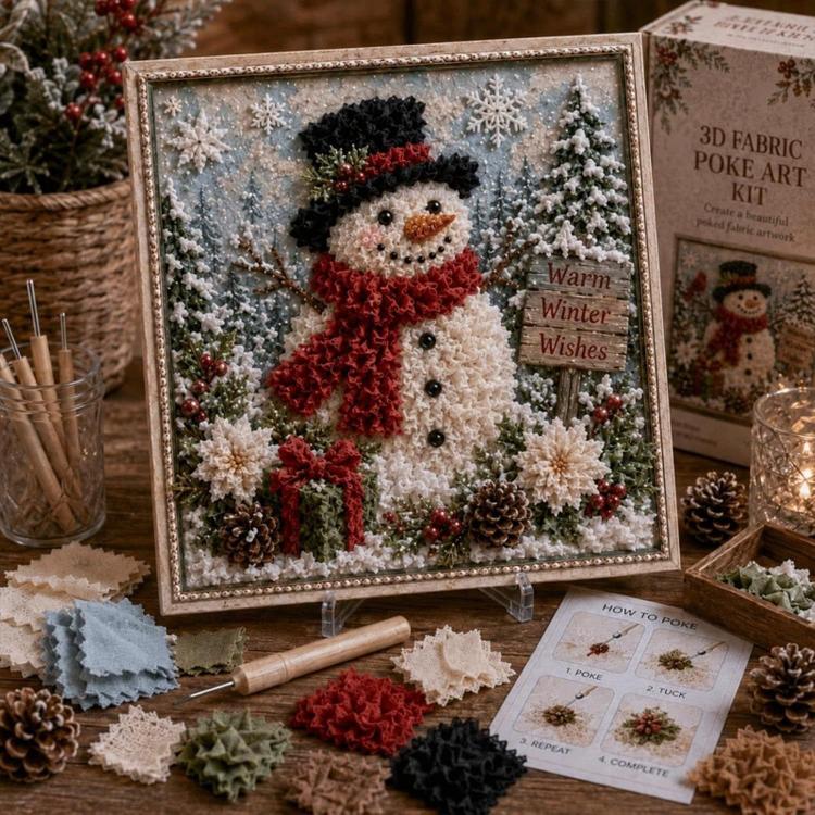 3D fabric poke art kit featuring a snowman in a framed winter scene