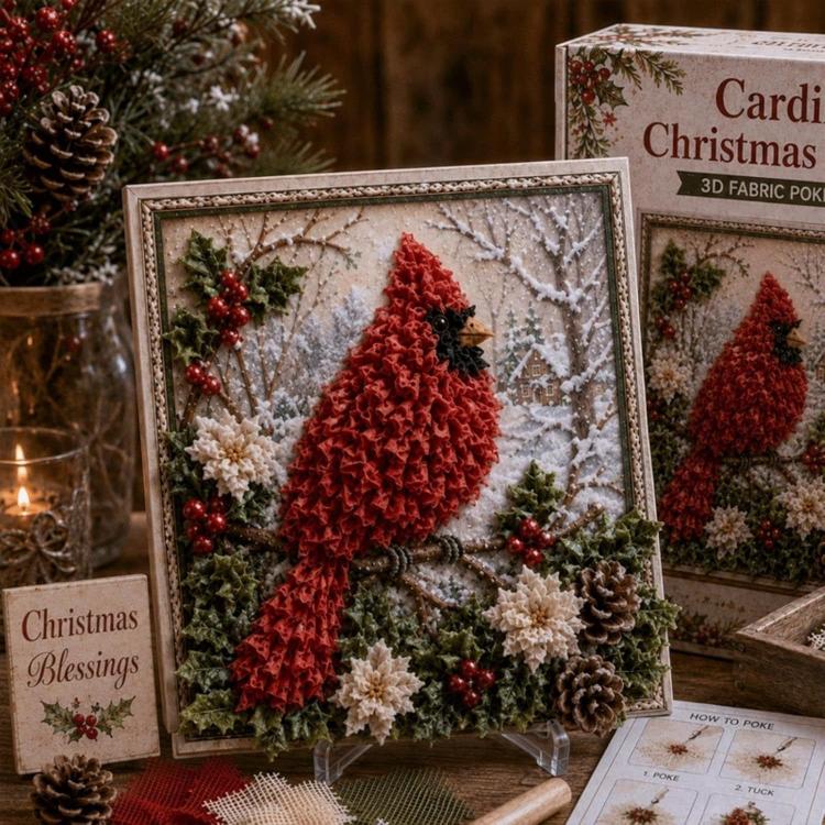 3D fabric poke art kit with framed red bird on snowy evergreen background