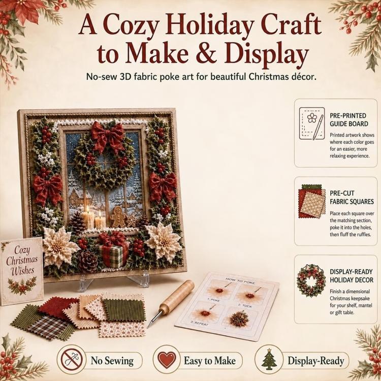 3D fabric poke art kit packaging showing finished framed decor and included pieces
