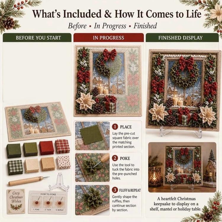 3D fabric poke art kit instruction chart showing step-by-step assembly panels