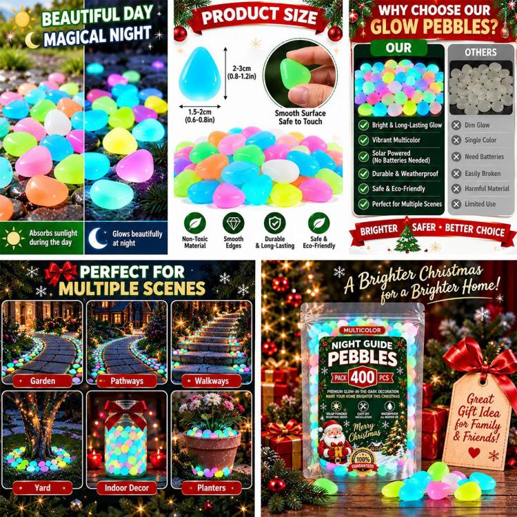 Multicolor glow pebbles 400-count pack with size chart and application scenes