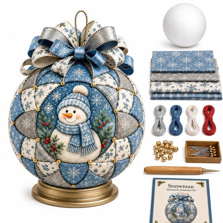 Snowman patchwork ornament DIY kit with ribbon bow, foam base, fabric pieces, beads, tool