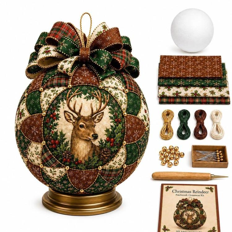 Reindeer patchwork ornament DIY kit with ribbon bow, foam base, fabric pieces, beads, tool