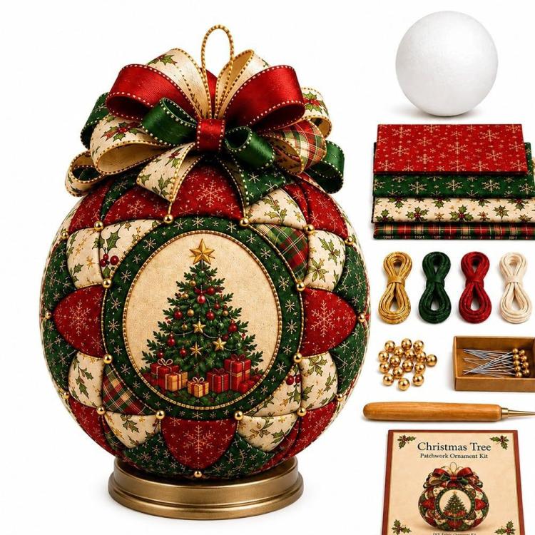 Christmas tree patchwork ornament DIY kit with ribbon bow, foam base, fabric pieces, beads, tool
