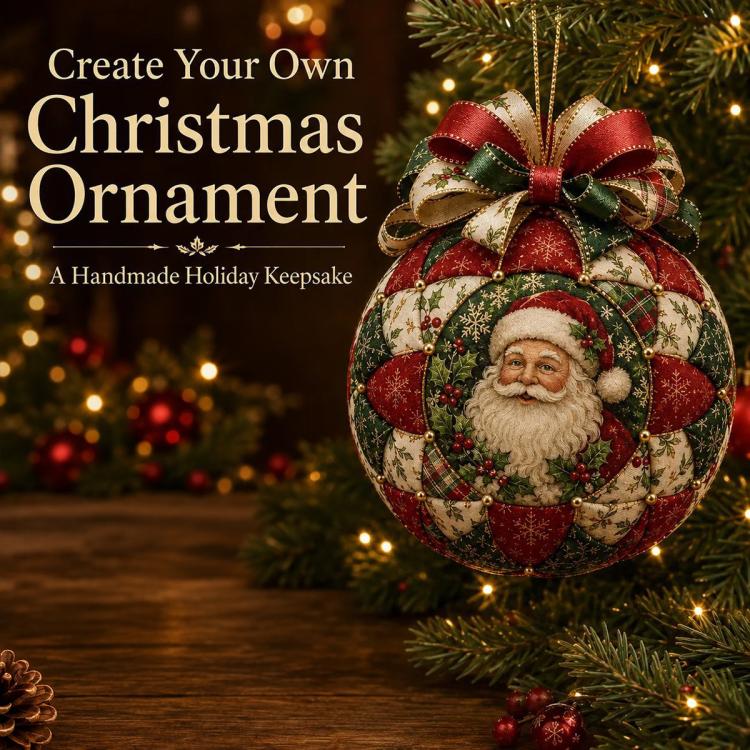Santa patchwork ornament with ribbon bow and stitched fabric pattern on a stand