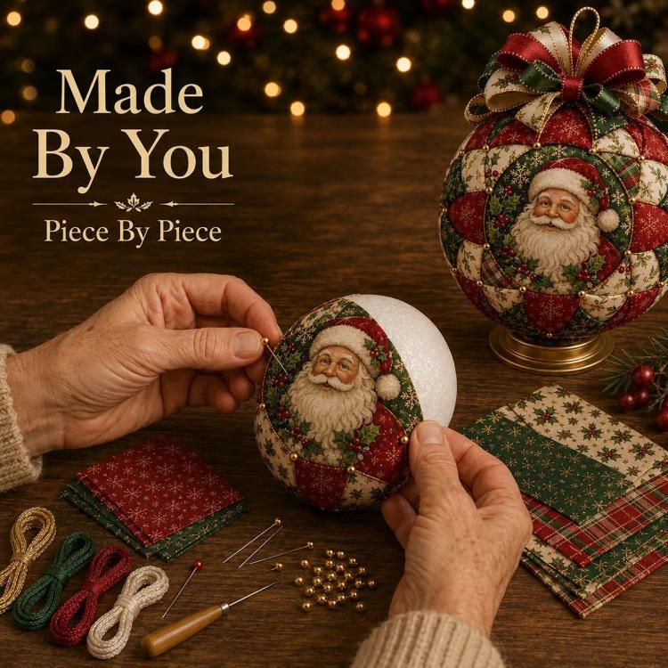 Hands assembling a Santa patchwork ornament on a foam base with pins and beads