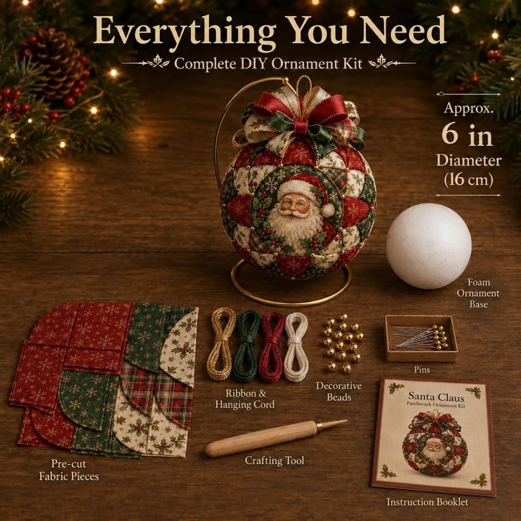Complete patchwork ornament DIY kit with finished Santa ornament, fabric, ribbon, beads, tool