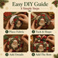 DIY guide showing steps to place fabric, tuck and shape, add details, and attach bow