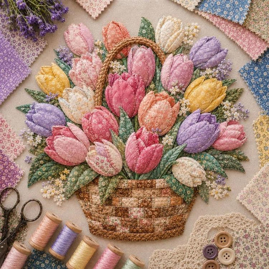 Floral basket patchwork kit with mixed tulip-style flowers in a woven basket