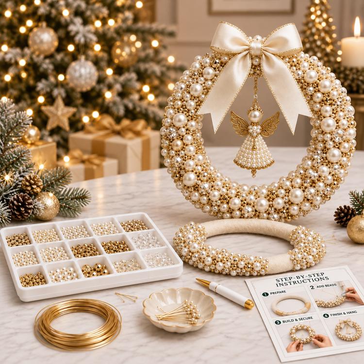 Gold pearl Christmas wreath with cream bow, gold bell tree centerpiece and beaded trim
