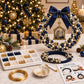 Navy blue pearl Christmas wreath with dark blue satin bow and gold house ornament