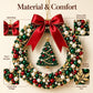 Handmade-looking Christmas pearl wreath with red satin bow and green pine tree centerpiece