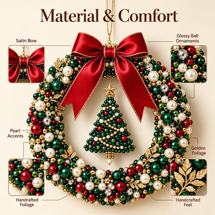 Handmade-looking Christmas pearl wreath with red satin bow and green pine tree centerpiece