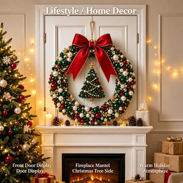 Christmas pearl wreath with red satin bow and green tree centerpiece, beaded bead garland