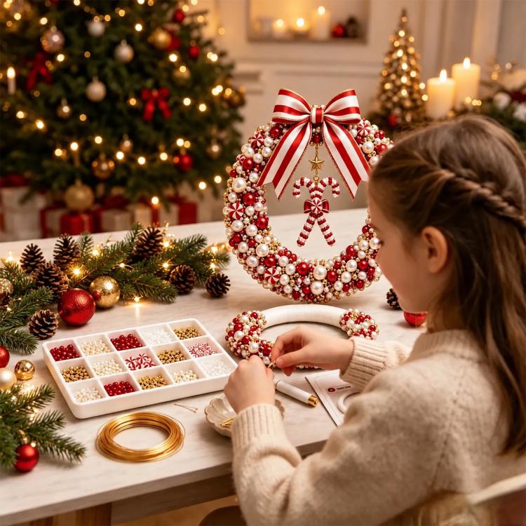 Child hands assembling a red and white pearl Christmas wreath with satin bow centerpiece