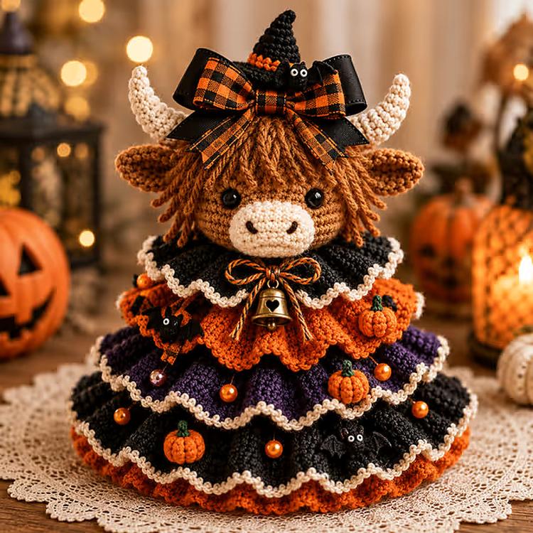 Crochet Halloween tabletop decor DIY kit: highland cow character with witch hat and bell