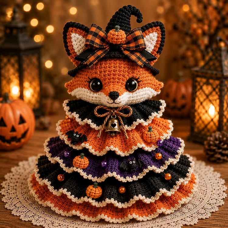 Crochet Halloween tabletop decor DIY kit: fox character with witch hat and bell