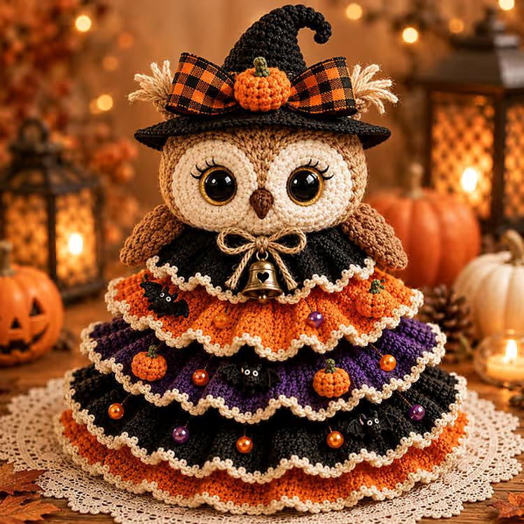 Crochet Halloween tabletop decor DIY kit: owl character with witch hat and bell