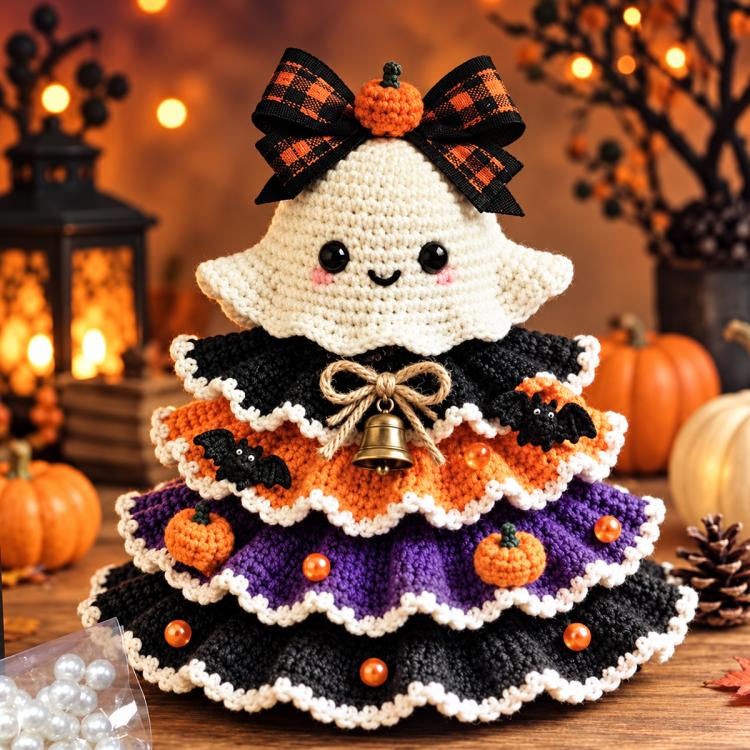 Crochet Halloween tabletop decor DIY kit: ghost character with black bat accents and bell