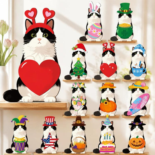 Interchangeable Seasonal Animal Wooden Decor Set, Cat Series A, Cat Series B, Cat Series C