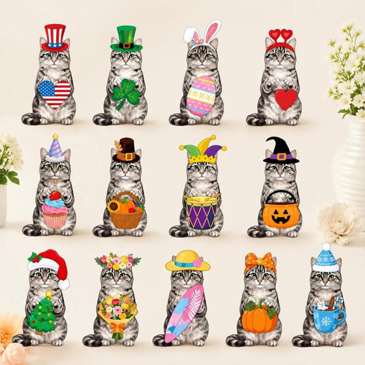 Interchangeable Seasonal Animal Wooden Decor Set, Cat Series A, Cat Series B, Cat Series C