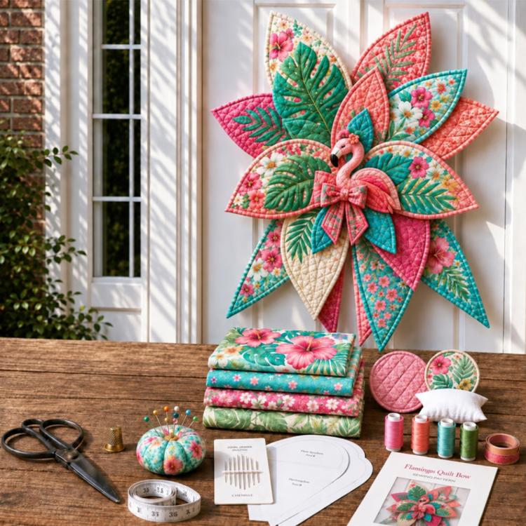 Quilted flamingo bow sewing kit with colorful patchwork fabric pieces and instructions