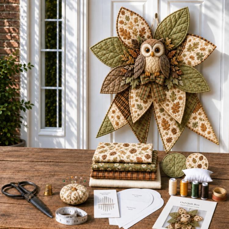 Quilted owl bow sewing kit with patchwork fabric pieces and sewing instructions