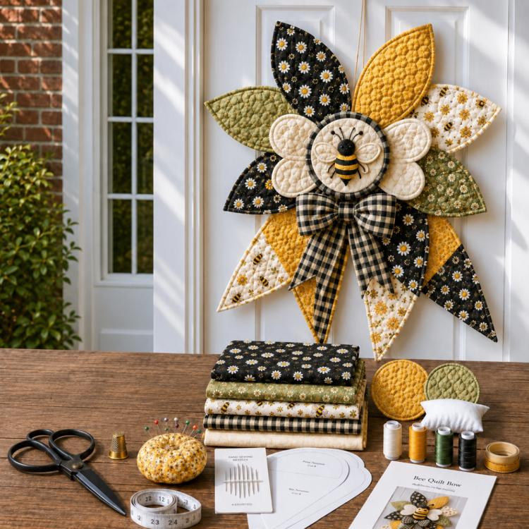 Quilted bee bow sewing kit with patchwork fabric pieces and sewing instructions