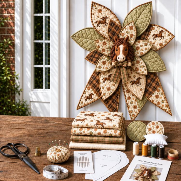 Quilted horse bow sewing kit with patchwork fabric pieces and sewing instructions