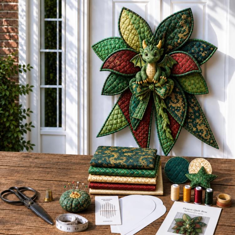 Quilted dragon bow sewing kit with patchwork fabric pieces and sewing instructions