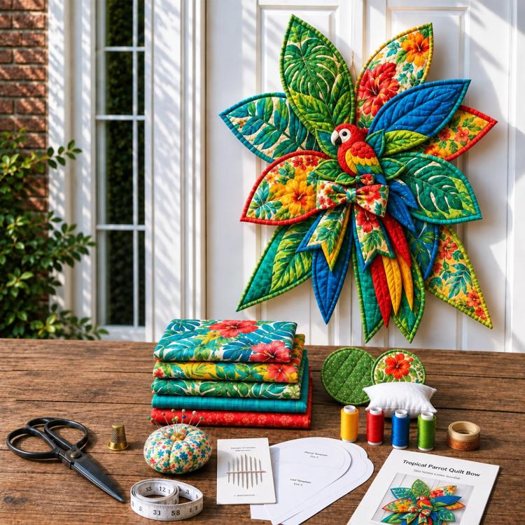 Oversized quilt bow sewing kit with colorful fox quilt bow and craft supplies