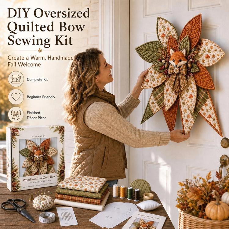 DIY oversized quilt bow sewing kit box with layered fox quilt bow and fabric stacks