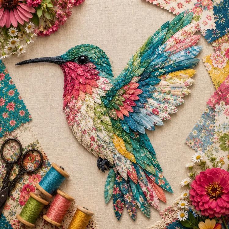 3D patchwork hummingbird applique, teal and pink layered wings with floral pattern